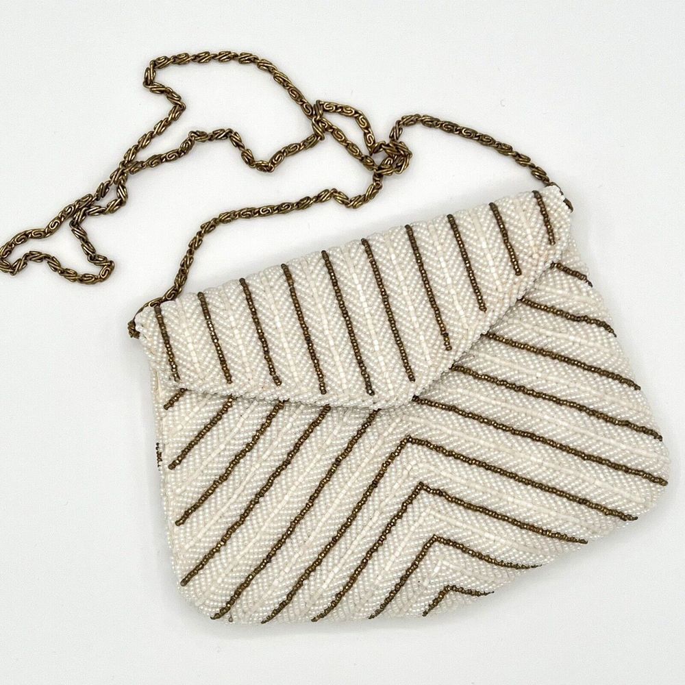 Vintage Chevron Beaded Evening Purse by Magid White Bronze Chain Strap